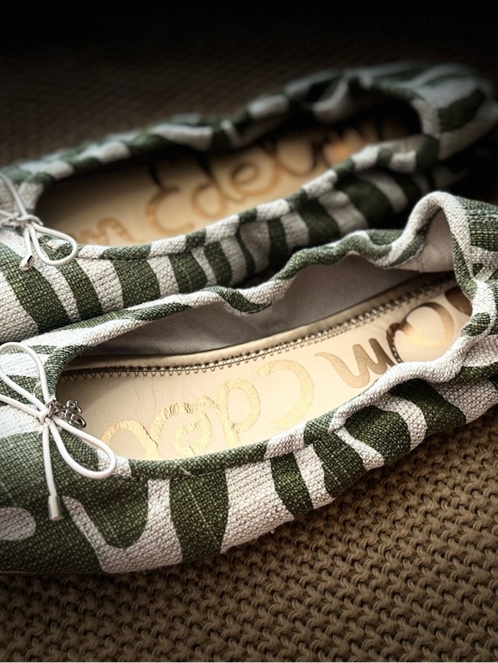 Sam Edelman Green and Cream Striped Ballet Flats with Bow